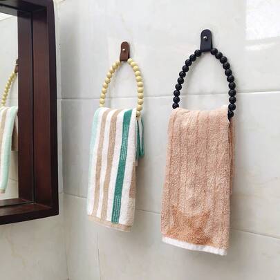1个米色/黑色串珠毛巾环，壁挂式木珠毛巾架，浴室厨房家居装饰毛巾架，波西米亚风木珠环，木珠毛巾架