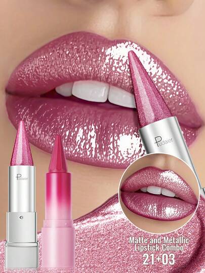 Pudaier 2支装金属头唇膏和哑光唇膏套装 - 高显色度、持久防水唇膏 - 圣诞节、感恩节和新年送给女性的理想美妆礼物 - 完美勾勒唇形，打造柔滑细腻的妆效