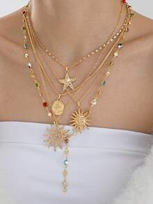 5件套时尚简约优雅波西米亚风彩色水晶太阳星星花朵硬币金色项链套装，Y型多层链，适合女性度假、派对、舞会、海滩、节日、生日、日常佩戴 - 金黃色 - 查看 9