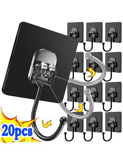 20/1pc Black Traceless Hooks Multifunctional Wall Strong Adhesive Hook Clothes Hook Bathroom Kitchen Accessories