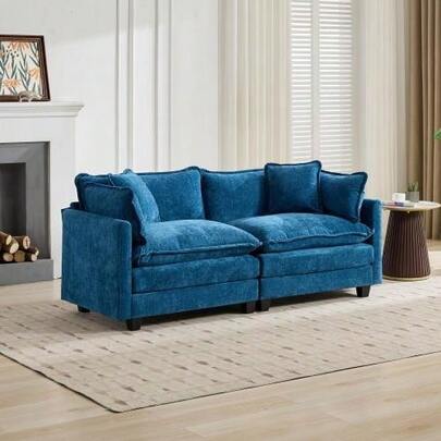 Cloud Corner Sofa (Ottoman Not Included), Modern Sofa, Ideal For Living Room, Bedroom And Apartment, Comfortable Double-Layer Seat Cushion, Breathable Chenille Fabric, Blue, DEFO5012BL