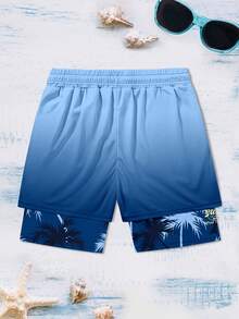 Quần short đi biển hai lớp dành cho nam, kiểu dáng ombre, in hình cây cọ, cạp chun, thích hợp cho kỳ nghỉ hè. - Nhiều màu - Xem 3