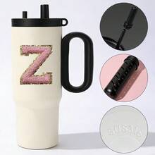 1个冰霸杯，大容量不锈钢恒温水瓶，便携式，26个字母A-Z图案，带吸管手柄 - 白色 - 查看 23