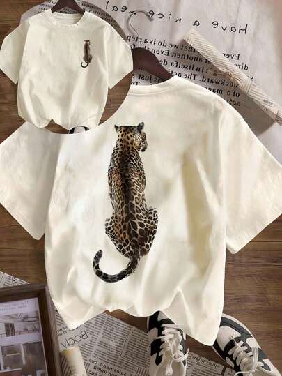 Cheetah Muster Rundhals Kurzarm T-Shirt. Neues Damen Lässig Süßes Muster Locker Urlaubs Stil Rundhals Kurzarm T-Shirt, Modisch für den täglichen Gebrauch, geeignet für Feiertage. Geeignet für Valentinstag, Schulanfang, Lehrertag und andere Feste. Buchstaben Muster Kurzarm T-Shirt, Weich, Locker und Komfortabel High-End Straßen Urlaubs Stil Locker Lässig Vielseitig Kurzarm Top Sommer