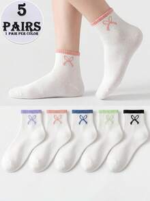 5双装女士彩色蝴蝶结撞色透气防滑可爱短袜，适合居家、约会和日常穿着 - 彩色 - 查看 2