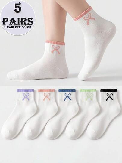 5 Pairs Women's Colorful Bow Contrast Color Breathable Non-Slip Cute Short Socks, Suitable For Home, Dates, And Daily Wear