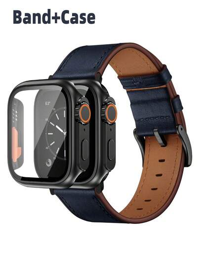 Compatible With Apple Watch Bands And Compatible With Apple Watch Cases, This Soft And Comfortable Blue Leather Watch Band And Black Case Set Includes A Screen Protector And An Integrated Dustproof And Shockproof Ultra Design. Suitable For Apple Watch Ultra 3/2/1/SE/S11/S10/S9/S8/S7/S6/S5/S4/S3/S2/S1 Series. Ideal For Men's Smartwatches (38mm, 40mm, 41mm, 42mm, 44mm, 45mm, 46mm, 49mm) And Women's Accessories For Outdoor Activities, Beach Events, Parties, Dances, And Travel.