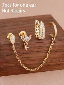 3 Stücke Vintage Zirkonia Blumen Ohrringe Set, Quaste Kette Ohrmanschette Ohrringe, 18K Vergoldeter Schmuck für Frauen, Verlobungs- & Geburtstagsgeschenk - Gold-3# - Übersicht 2