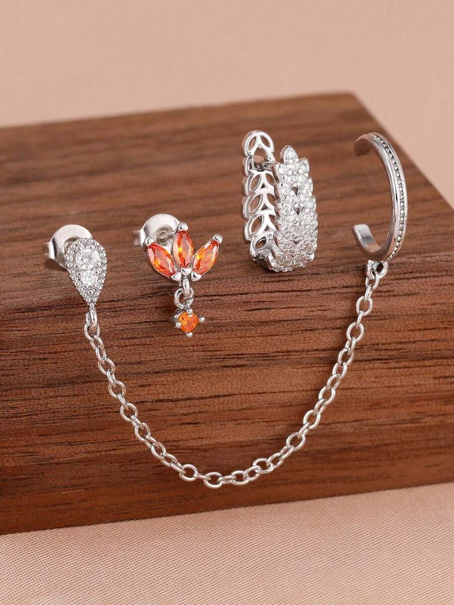 3pcs Vintage Orange Zirconia Earring Set, Chain Cartilage Stud Earrings, Pierced Jewelry Gift For Women, Engagement/Birthday - Silver-4# - View 1