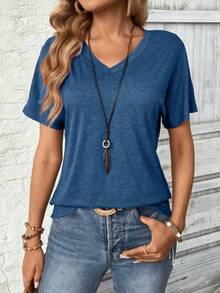 2pcs Plus Size V-Neck Solid Color T-Shirts, Casual Short Sleeve Tees For Spring & Summer, Comfortable Daily Wear For Women - Sea Blue + Reddish Brown - View 5
