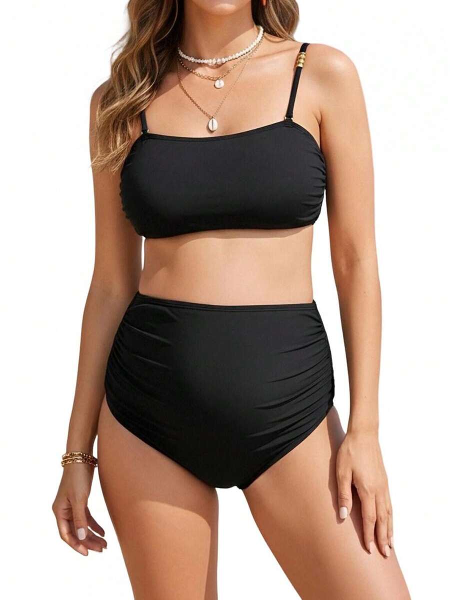 Women's Solid Color Maternity Bikini Set High Waist Two Piece Bathing Suit For Pregnancy - Black - View 1
