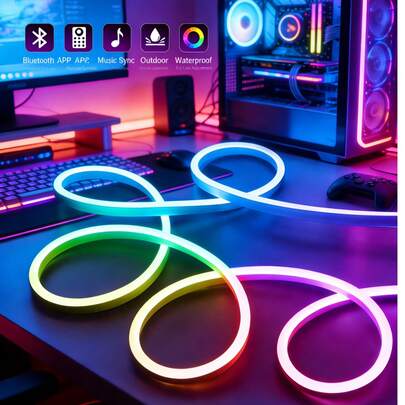 Dây đèn LED neon nhiều màu sắc 5m/4m/3 mét/2m/1m, kèm điều khiển từ xa hồng ngoại 44 phím và ứng dụng, nguồn DC 5V 2835 USB, có thể điều chỉnh màu sắc và độ sáng RGB, đèn neon RGB linh hoạt, chế độ nhạc, thích hợp cho Giáng sinh, chủ đề phim ảnh, trang trí nhà cửa và không khí tiệc tùng.