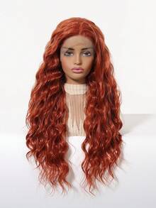 13x4 HD Lace Front Water Wave Wig, 28 Inch Ginger Red Long Curly Style, Machine Made Synthetic Wig Heat Resistant For Cosplay & Music Festival - Burnt Orange - View 2