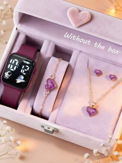 5/1 Piece. , Fashionable, Elegant And Cute Girls' Square Digital Display Electronic Watch With Airplane Pattern Decoration. It Pairs Well With Heart-Shaped Jewelry Sets, Necklaces, Bracelets And Earrings. It Is Perfect For Girls To Wear. Suitable For Wearing At Parties, Gatherings, Trips And When Looking At The Time. Also, It Is An Excellent Gift Choice For Mothers/Friends On Mother's Day, Back-To-School Season And Wedding Season.