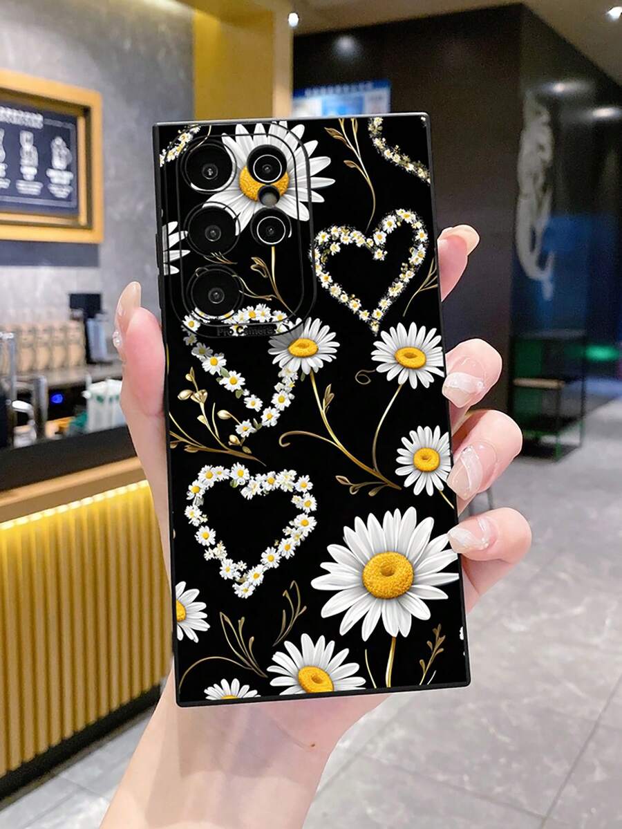 1 pieza Funda de teléfono con forma de corazón de crisantemo, impresión UV, compatible con modelos /Galaxy/Android - Negro - Ver 1