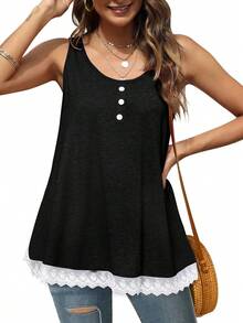 大码女式黑色圆领吊带背心，白色蕾丝边饰，针织面料，常规长度，休闲夏季款 - 黑色 - 查看 7