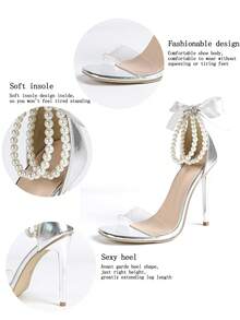 女士时尚高跟鞋，果冻凝胶，绑带，露后跟，仿珍珠链，丝带，夜店风，派对，露趾，经典方头凉鞋，夏季，户外，常规款，女士银色凉鞋，高跟凉鞋，银色电镀鞋跟，细跟，简约，性感，蝴蝶结 - 銀色 - 查看 6