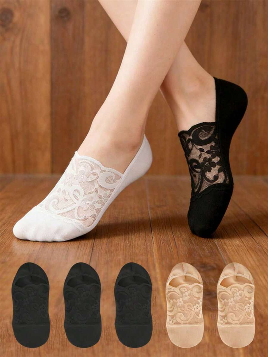 5/10 Pairs Women's Summer Mesh Breathable Low-Cut Elastic Non-Binding Lace Solid Color Boat Socks - Multicolor - View 1