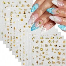 12片装烫金激光金色海洋系列美甲贴纸 3D夏季海星贝壳海螺美甲贴花 Y2K美人鱼美甲用品美甲滑块 - 彩色 - 查看 11