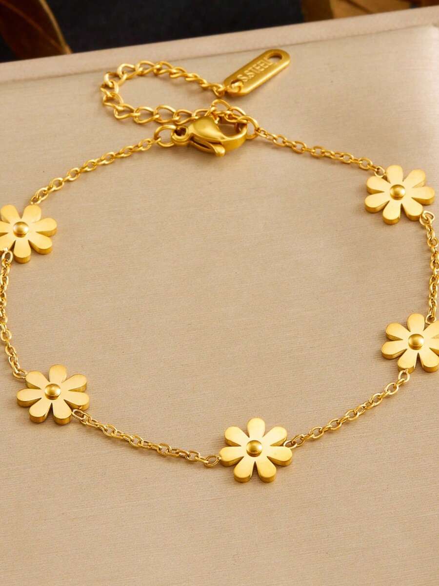 1pc Minimalist Fashion Gold-Plated 3D Daisy Flower Decor Stainless Steel Multi-Function Bracelet - Small Flower - View 1