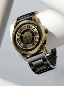 DOM 1pc Men's Watch, Retro Roman Numeral Dial Quartz Waterproof Wristwatch, Unique Magnetic Levitation Technology, Leather & Steel Strap, Suitable For Gifts And Daily Wear - Bronze Dial With Steel Strap - View 2