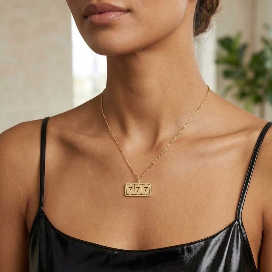 18K Gold Angel Numbers Necklace, 777 Bar Necklace, Lucky Number Necklace, Angel Number, Christmas Gift Women - Gold - View 1
