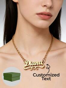 1件18K镀金不锈钢项链配饰，45+5厘米名字项链，双层镀金名字项链，定制3D名字牌项链，金色名字牌项链，心形镂空项链，配精美礼盒，送给她的礼物，定制时尚刻字项链，尽显魅力，珠宝首饰，时尚秋季，定制名字不锈钢项链，个性化名字牌，旅行收纳包 - 金色 - 查看 2