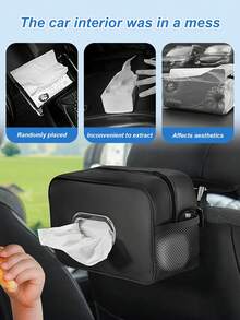 Caja de pañuelos multifuncional para coche - Caja de pañuelos colgante de cuero con 2 bolsillos de malla, adecuada para reposacabezas, apoyabrazos, parasol, organizador de almacenamiento elegante para mantener el interior del coche ordenado - caja de pañuelos - Ver 5