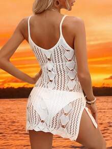 Women's Hollow Out Sexy Sheer Bohemian Beach Vacation Sleeveless Cover Up Mini Dress - White - View 3