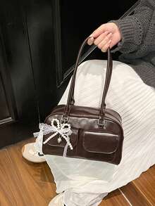 Sac à épaule  vintage avec nœud en dentelle pour femmes, convient pour le travail et l'usage quotidien - Café - Voir 7