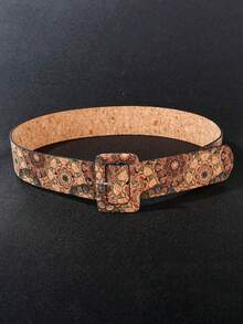 1pc Women's Faux Wood Grain Western Buckle Floral Print Belt, Suitable For Dresses, Skirts And Other Outfits, Bohemian PU Leather Belt, Spring/Summer - Multicolor - View 10