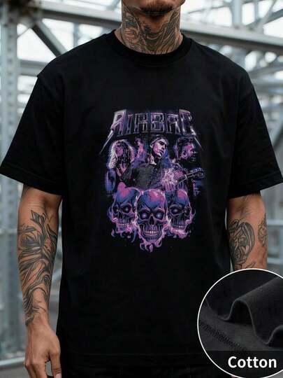 Estilo Punk Camiseta de Manga Corta para Hombre con Diseño de la Banda Airbag, Cráneos con Efecto Neón y Miembros del Grupo, Ideal para Fans de Rock Alternativo y Noche de Fiesta, 220 g 100 % algodón, Cómoda, Resistente y con Estilo Único