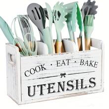 Extra-Large Kitchen Utensil Storage Box With 4 Compartments, White Wooden Kitchen Utensil Organizer, Suitable For Countertops, Rustic Style Cooking Tool Storage. - View 2