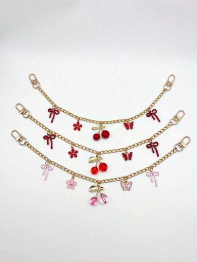 1个粉色蝴蝶结爱心樱桃包包挂饰 旅行配饰 时尚休闲手提包单肩包吊坠链 适用于各种包包 节日礼物 房间装饰 手机配件 手机挂饰 包带 包链配饰 教师礼物