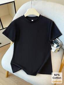 纯色短袖T恤，百搭休闲修身女式打底衫，黑色，夏季款 - 黑色 - 查看 4