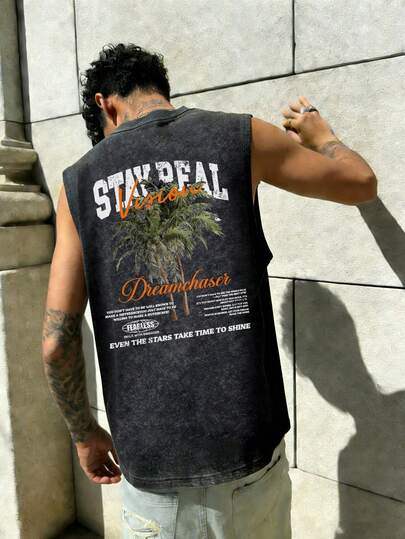  Fractyr Men's Fashionable Casual Sports Street Style Sleeveless T-Shirt, Jesus Cross & English Graphic Print, Sophisticated Design, Essential Spring/Summer Item, Retro Versatile All-Match, Cotton Fabric, Best Gift For Friends, Showcase Unique Personality