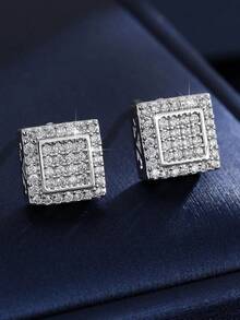 一对优雅方形全钻耳钉，奢华优雅耳环，百搭通勤饰品 - 耳環 - 查看 2