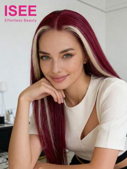 ISEE 直发假发 13*4 透明蕾丝假发 16-28 英寸 180% 密度 酒红色带金色挑染 预拔毛预剪蕾丝时尚假发 未经加工的真人处女发 自然逼真 百搭造型 100% 真人发假发 魅力优雅 休闲时尚 学校用品 美发用品 女士礼物 配饰 女士假日装扮 运动度假 旅行 节日 户外活动 轻松打造周末休闲风