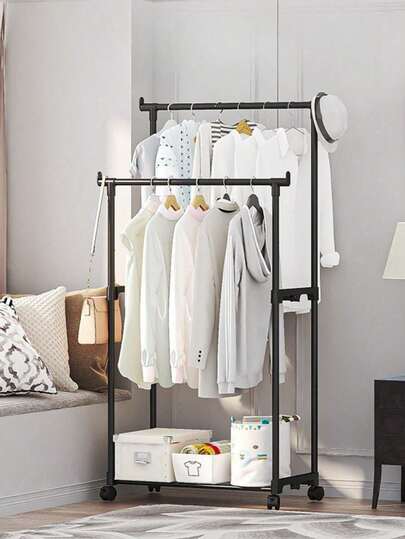 1pc Wheeled Mobile Floor Clothes Hanger, An Indoor Household Bedroom Laundry And Drying Rack, Adjustable Single/Double Rods, Suitable For Rooms, Balconies, Dormitories, And Living Rooms.