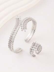 1套立方氧化锆叶子手镯和戒指套装 - 銀色 - 查看 1