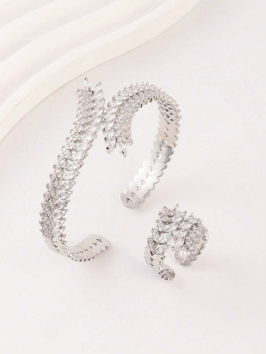 1套立方氧化锆叶子手镯和戒指套装 - 銀色 - 查看 1