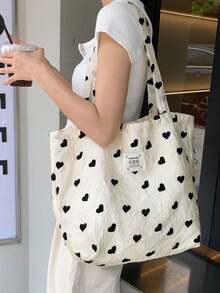 1pc Heart Printed Women's Tote Large Capacity Shoulder Bag For Female Soft Canvas Handbag - Multicolor - View 7
