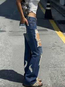 Quần jeans nữ mới - Quần jeans nữ ống đứng rách gợi cảm với túi và cúc cài phía trước, kiểu dáng dài thoải mái với độ co giãn nhẹ, thích hợp cho mùa xuân. - Rửa trung bình - Xem 8