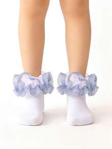 1 Pair Girls' Ruched Lace Socks, Princess Baby Frilly Ankle Socks - Dusty Blue - View 3