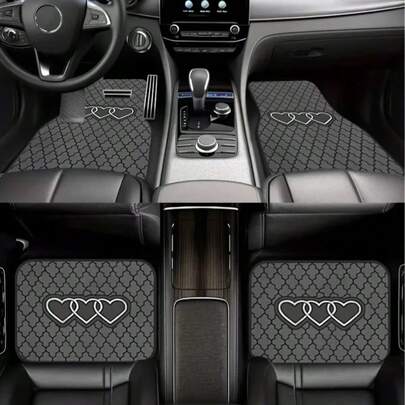 4pcs Black & Gray Geometric Heart Car Floor Mats | 2D Flat Design, Durable All-Weather Polyester Material, Easy To Clean | Suitable For Sedan & SUV, Fashionable Interior Accessory, Perfect Gift