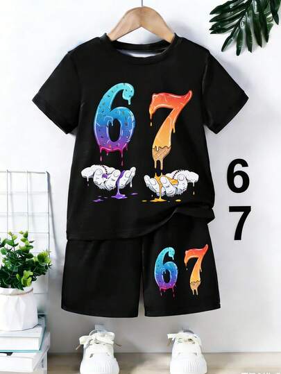 2pcs/Set Young Boy Gradient Number Print & Comfortable Novelty T-Shirt And Shorts Set