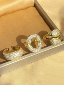 18K Gold Plated Dome Curved Ring Zirconia Stackable Ring Set, Fade-Resistant Wide Adjustable Open Ring, Elegant Women's Jewelry, Suitable For Daily Wear And Weddings - Multicolor - View 9