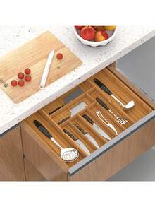 Adjustable Expandable Bamboo Kitchen Drawer Organizer, 1 Piece Versatile Cutlery Tray For Utensils Silverware Flatware And Jewelry, Practical Storage Solution For Home Kitchen - Nhiều màu - Xem 2