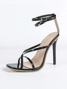 女士时尚高跟凉鞋，PU皮革绑带，T字带，人字拖，夜店风，搭扣，交叉绑带，派对，细绑带，裸色绑带，平绑带，踝带，经典方头凉鞋，夏季，户外，常规款，女士黑色凉鞋，高跟凉鞋，漆皮鞋跟，细跟 - 黑色 - 查看 9