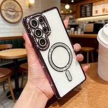 适用于三星 Galaxy A17 A56 A36 A26 A16 A55 A35 A25 A15 A34 A54 A14 A05S 的奢华水钻边框手机壳，适用于 S25 24 23 S22 Ultra S24FE S25Edge 的时尚磁吸软壳，镶嵌式优雅手机配件，时尚情侣款，国际版，非国内版 - 紫色 - 查看 2